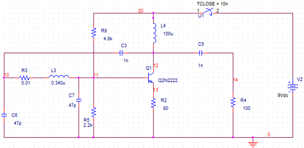 50 Mhz Pierce Oscillator met 2N2222 transistor